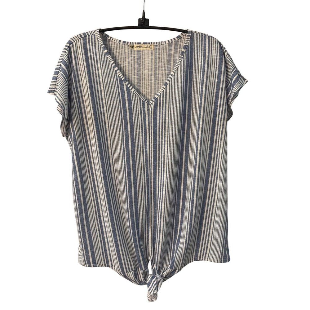 All in Love Womens Blue White Striped V-Neck Front Tie Knot Top Size M